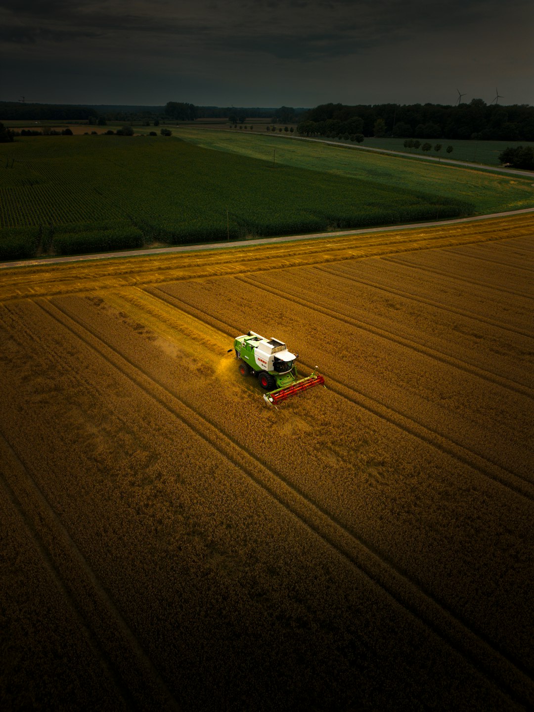 Aerial view of a harvester working in a golden wheat field, with surrounding green fields and distant wind turbines under a cloudy sky in Münster.